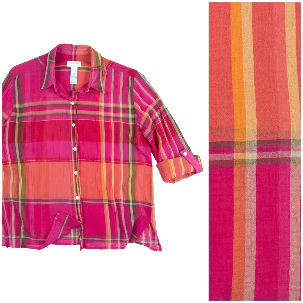 Liz Claiborne Plaid Button Up Women Petite M Pink Preppy Cottagecore Summer